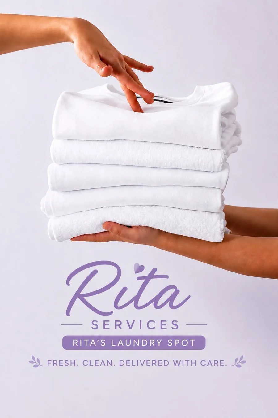 Freshly folded white linens with Rita's Laundry Spot branding, caring for your laundry like it's our own