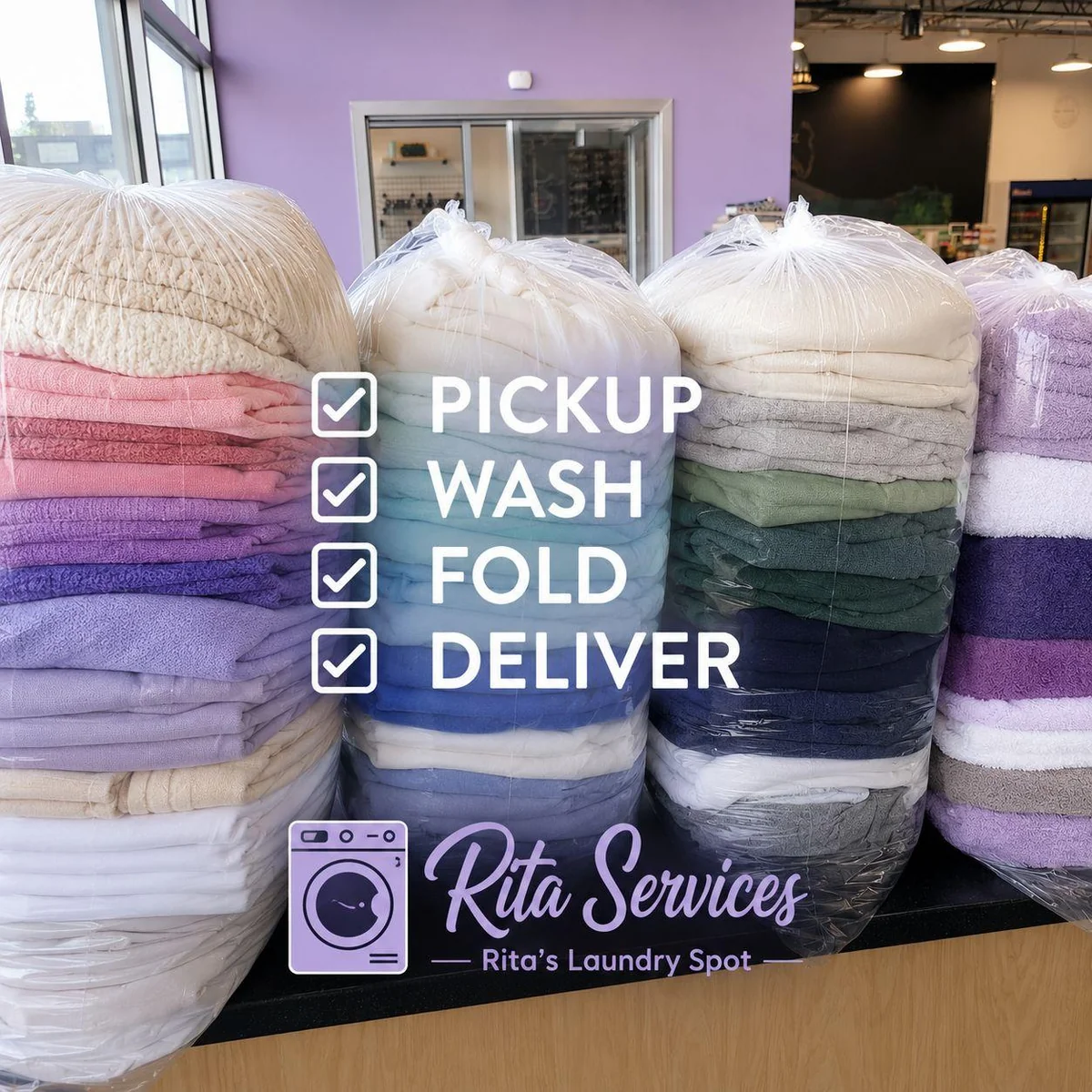 Sorted laundry bags ready for wash, fold and delivery, showing the pickup, wash, fold and deliver process