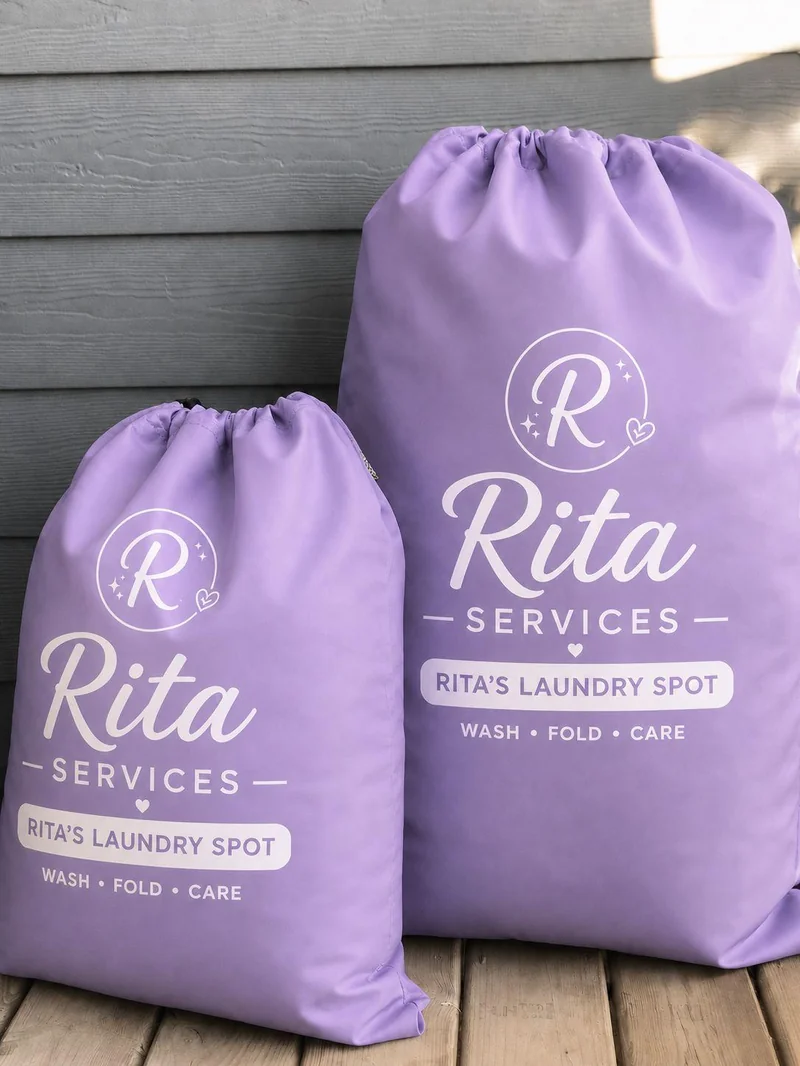Rita's Laundry Spot branded regular and jumbo laundry bags in lavender