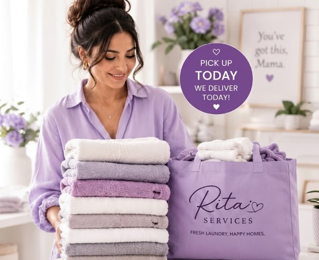 Same-day laundry pickup and delivery in Pakenham, fresh folded towels with Rita Services branded bag