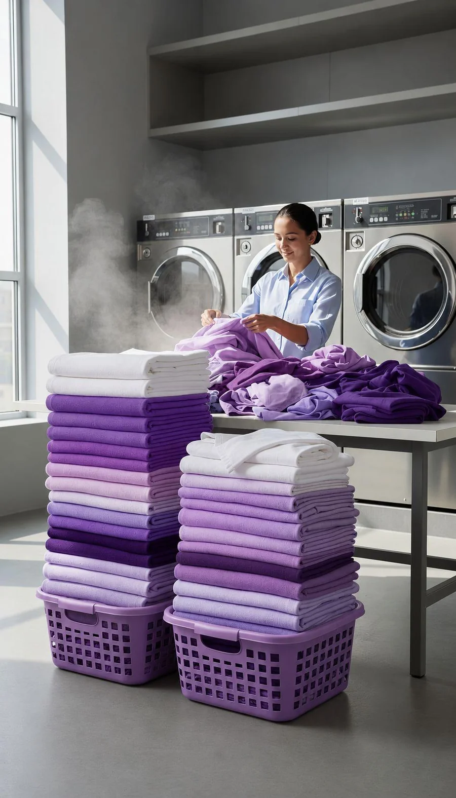 Michelle from Rita's Laundry Spot folding fresh laundry in a professional laundry space in Pakenham