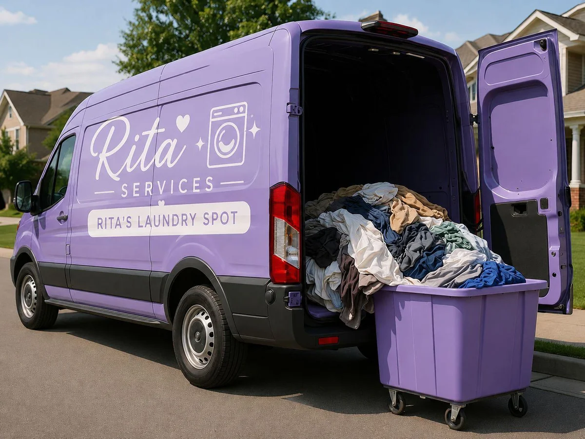Rita's Laundry Spot lavender delivery van collecting a client's laundry in Pakenham